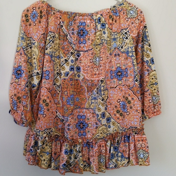 NWT Melloday Floral Ruffle Off the Shoulder Flowy Boho Top Small Blue Orange - Picture 10 of 16